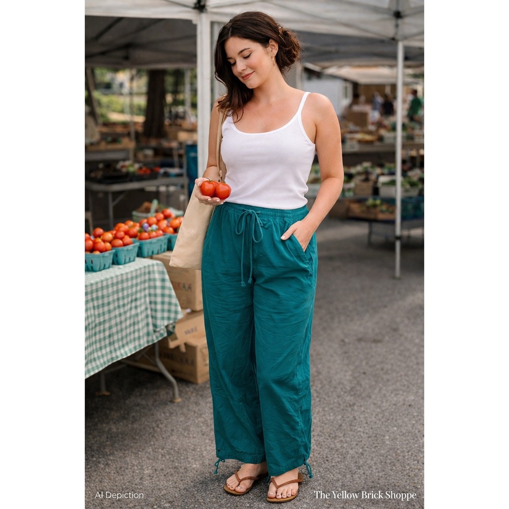 Happily‎ Grey Parachute Pants Women's Small Teal Wide Leg Drawstring Boho NWT